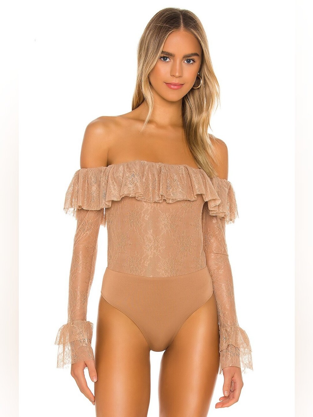 Paloma Bodysuit Camila Coelho Nude Lace Off Shoulder Bodysuit XS